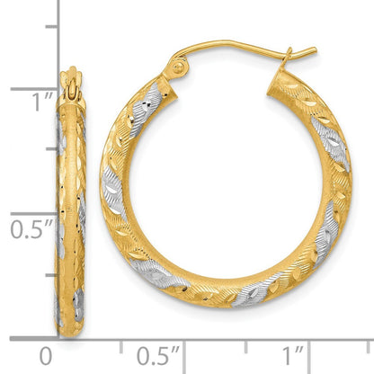 14k Yellow Gold White Rhodium Diamond-cut Satin Hoop Earrings