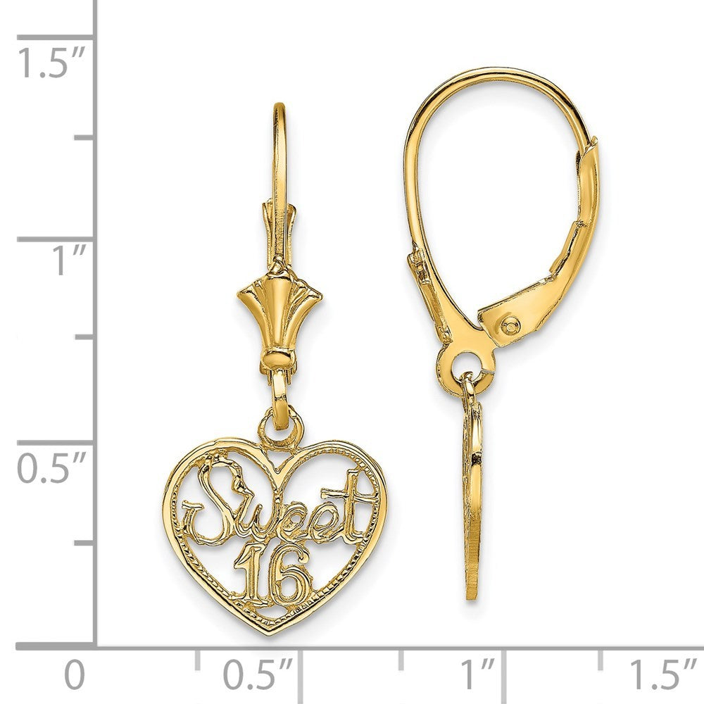 14k Yellow Gold Polished SWEET 16 in Heart Drop Dangle Earrings