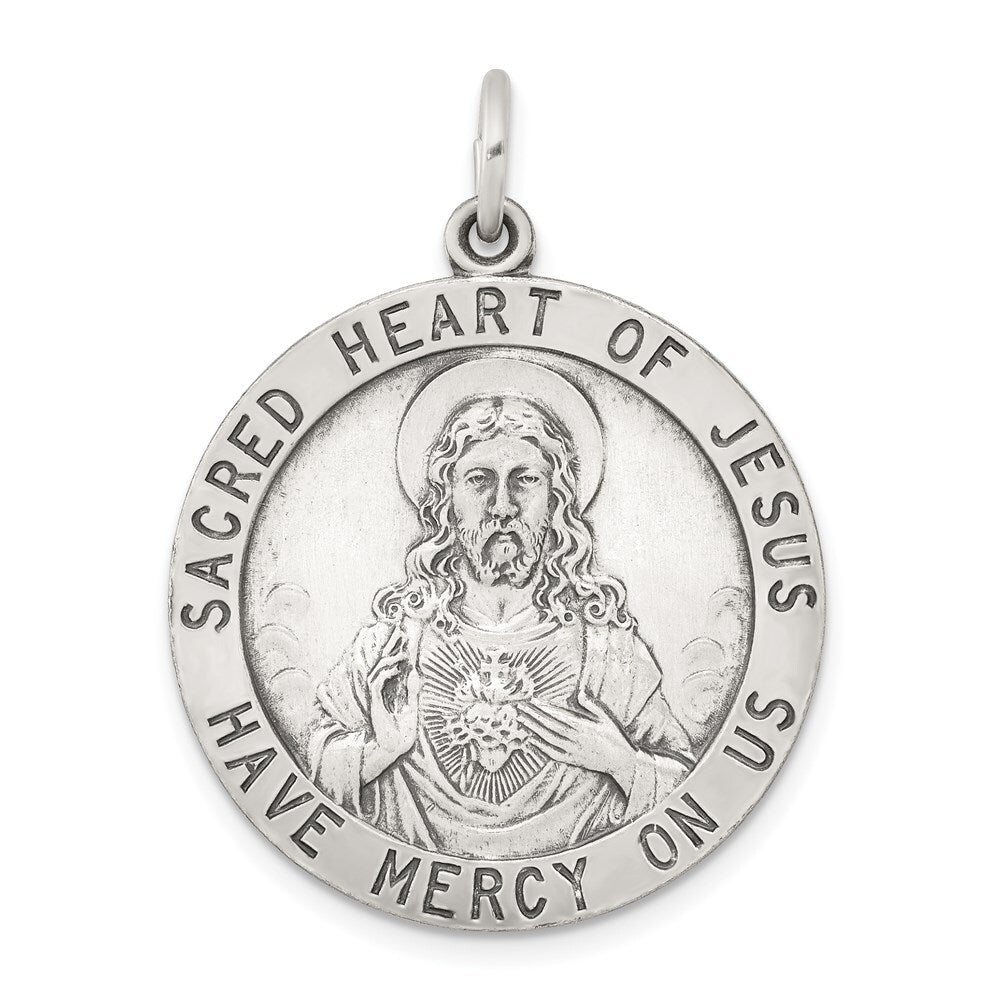 Sterling Silver Antiqued Sacred Heart of Jesus Medal Pendant