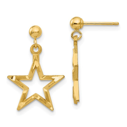 14k Yellow Gold Polished & Diamond-Cut Star Dangle Earrings