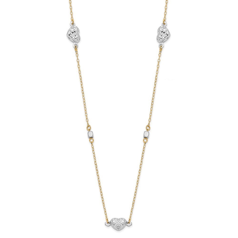 14K Two Tone Polished Diamond-Cut Hearts Necklace