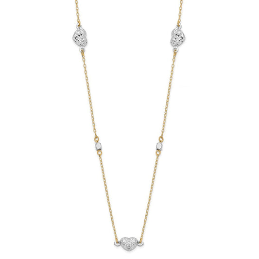 14K Two Tone Polished Diamond-Cut Hearts Necklace