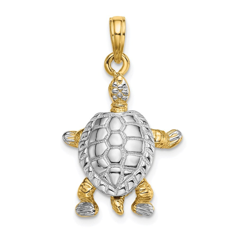 14k Yellow Gold with White Rhodium 3-D Land Turtle Moveable Head Charm Pendant