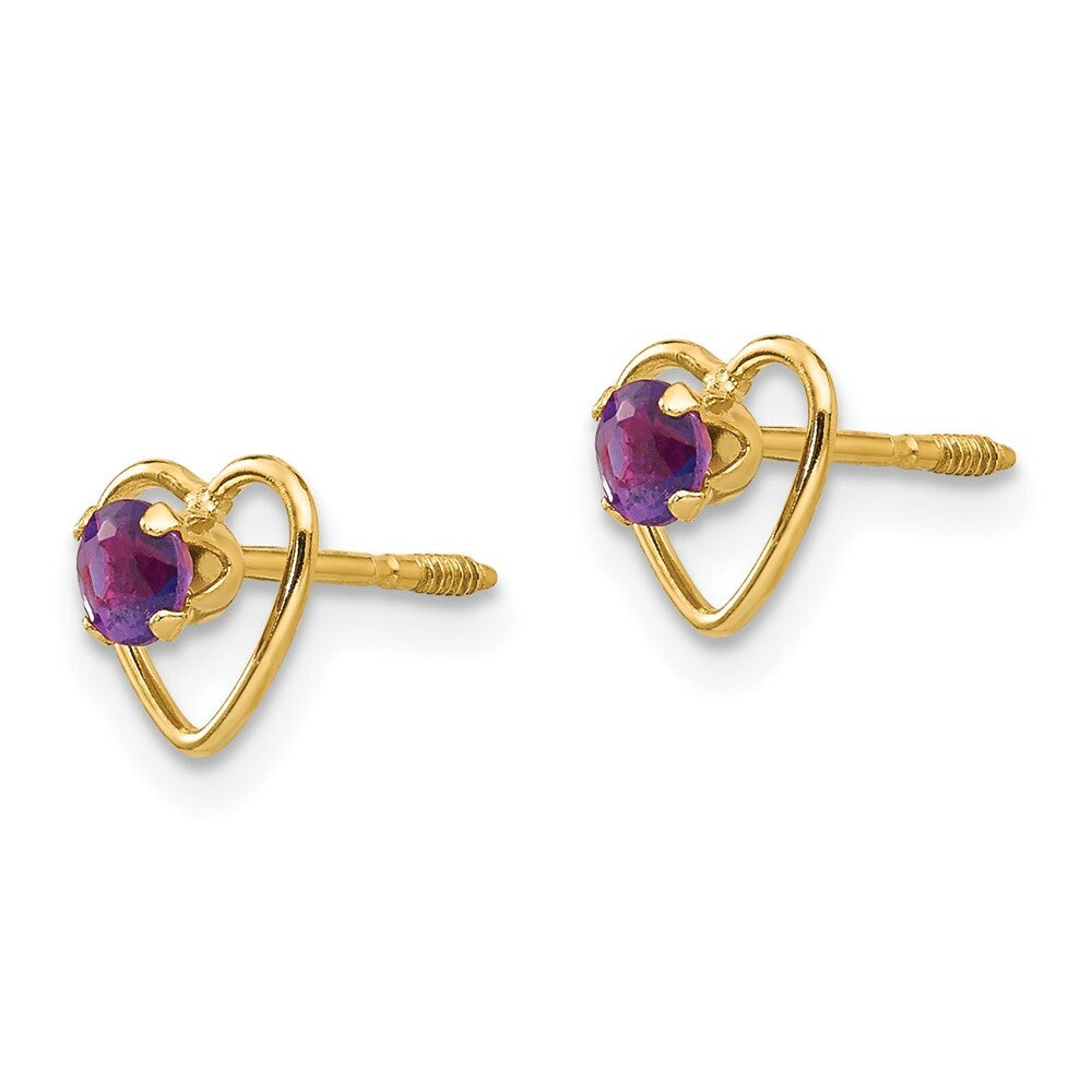 14k Yellow Gold 3mm Genuine Amethyst Birthstone Heart Stud Earrings