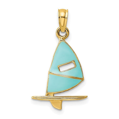 14k Yellow Gold Aqua Enameled Windsail Surf Board Charm Pendant for Women