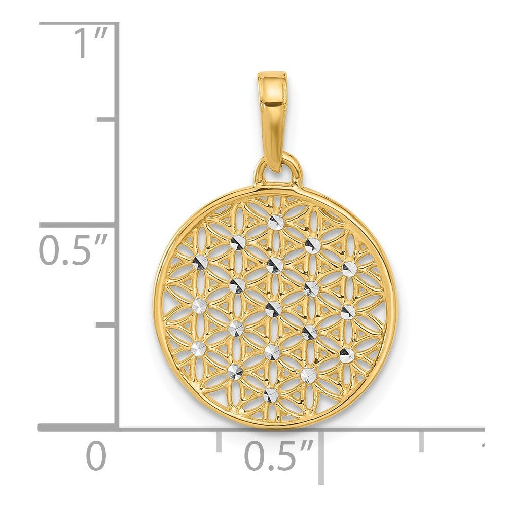 14k Yellow Gold and Rhodium Polished and Diamond-Cut Flower Circle Pendant