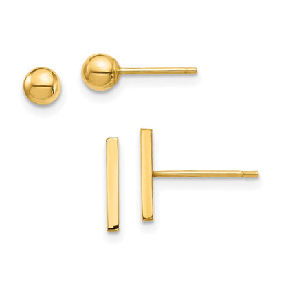 14k Yellow Gold Bar and 3mm Ball Earrings Set