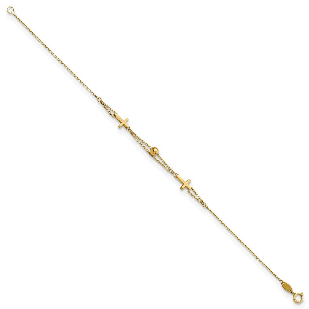 14k Yellow Gold Polished Double Strand Cross and Bead 7.5 inch Bracelet