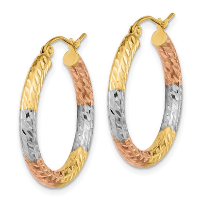 14k Yellow Gold w/White and Rose Rhodium Polished Diamond-cut Hoop Earrings