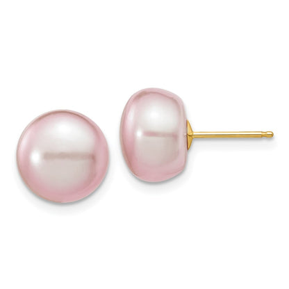14k Yellow Gold 10-11mm Purple Button Freshwater Cultured Pearl Stud Earrings