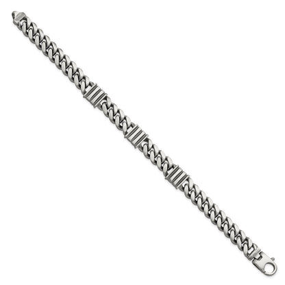 Sterling Silver Mens Antiqued Brushed Curb/Bar Bracelet