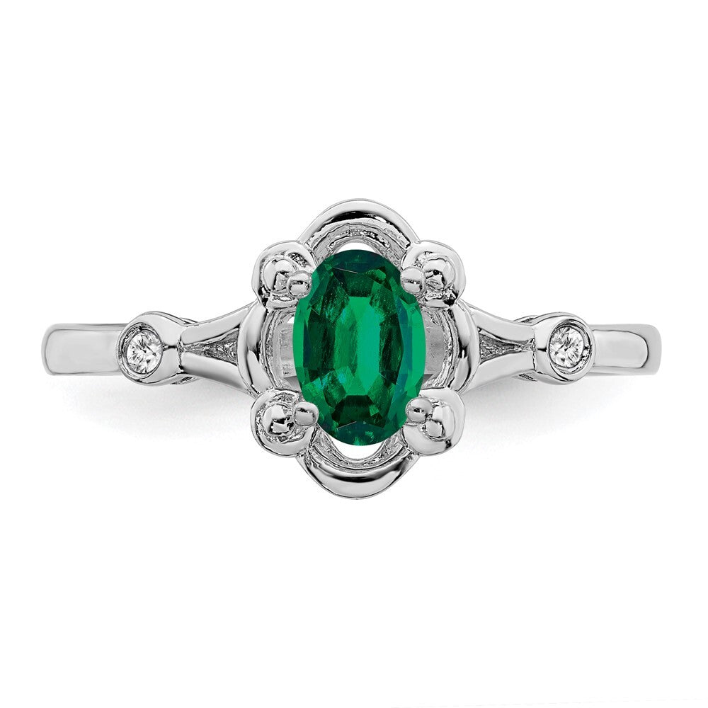 Sterling Silver Rhodium-plated Created Emerald & Diamond Ring
