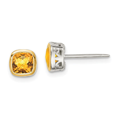 Sterling Silver Rhodium-plated with 14k Accent Citrine Square Stud Earrings