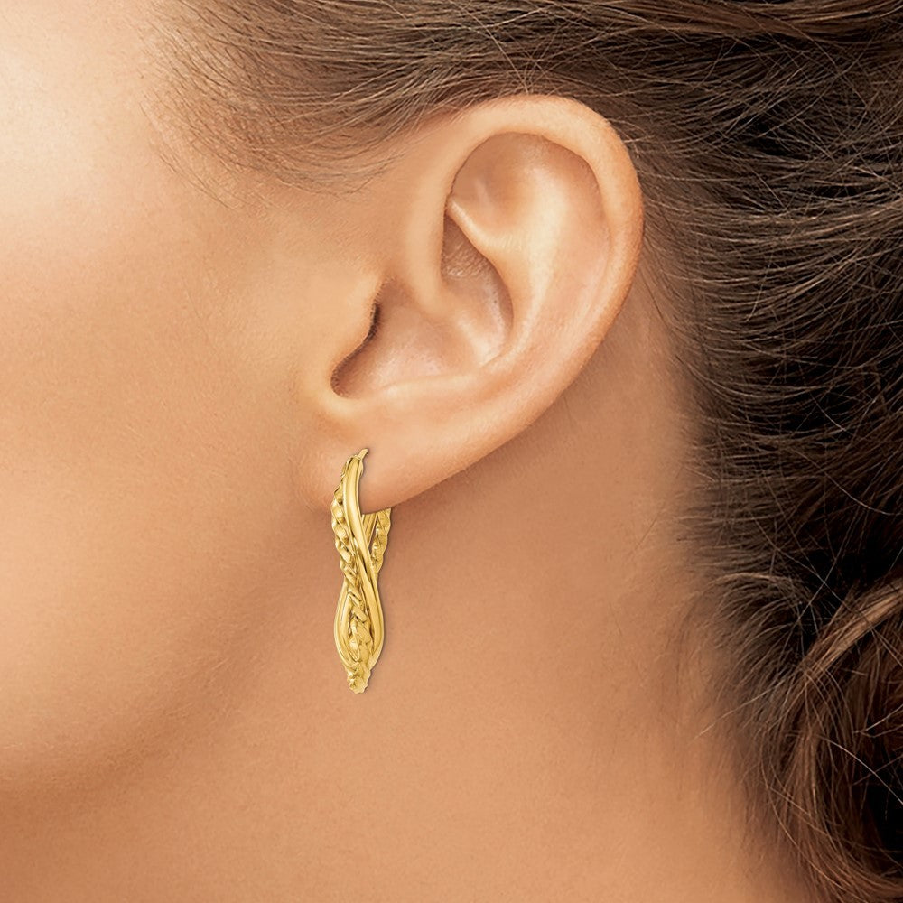14k Yellow Gold Textured and Polished Twist Oval Hoop Earrings