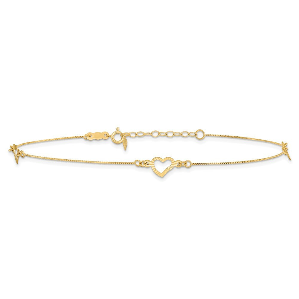 14k Yellow Gold Diamond-cut Open Heart 3-Station 10" Anklet
