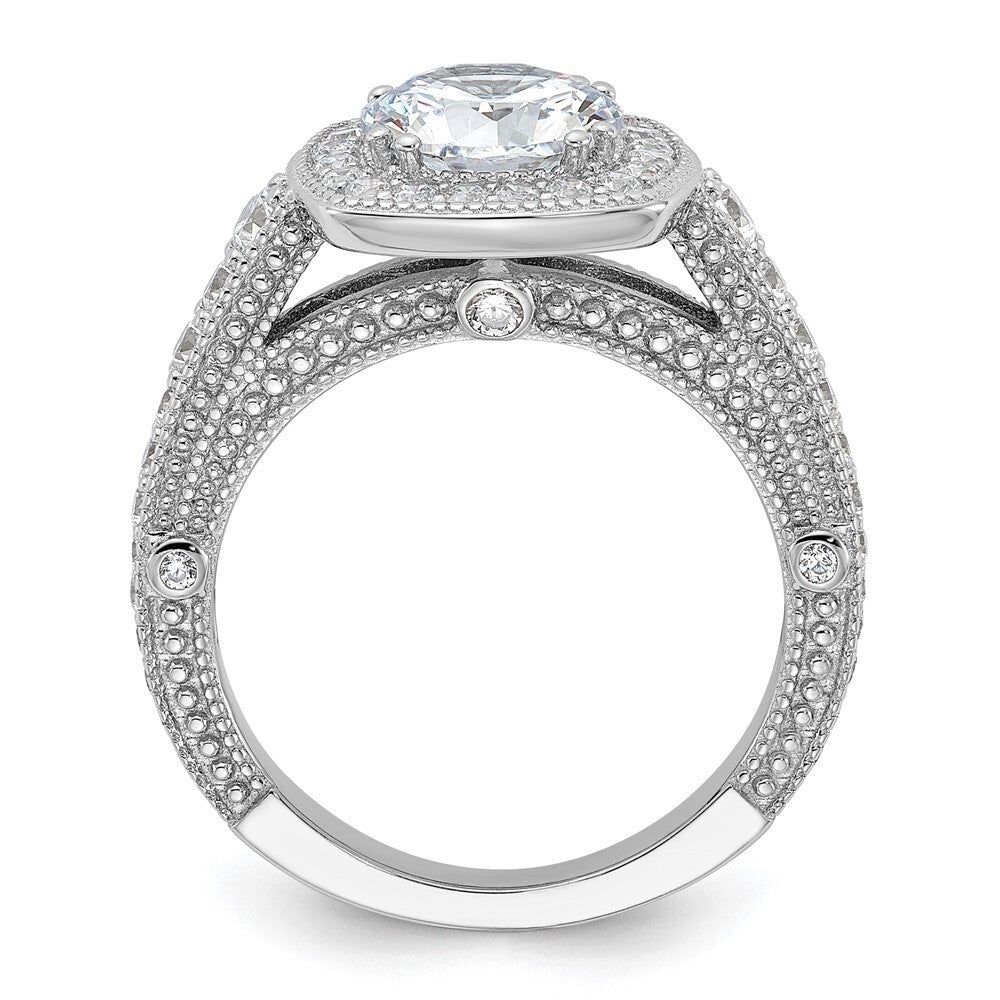 Sterling Silver Rhodium-plated 8mm Center Cubic Zirconia Halo Ring Size 7