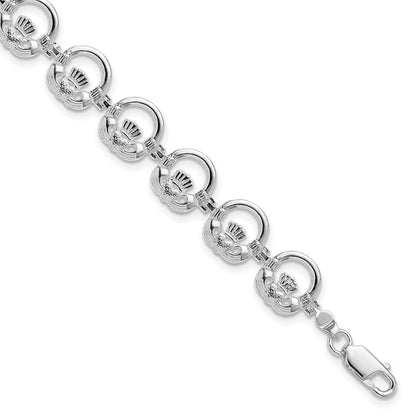 Sterling Silver Rhodium-Plated Polished Claddagh Circle Bracelet