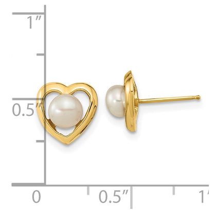 14k Yellow Gold 4-5mm White Button Freshwater Cultured Pearl Heart Stud Earrings