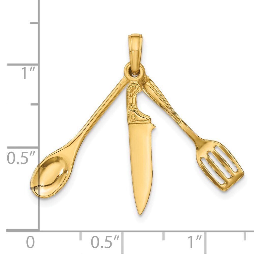 14k Yellow Gold 3-D Moveable Spatula, Spoon, and Knife Charm Pendant for Women