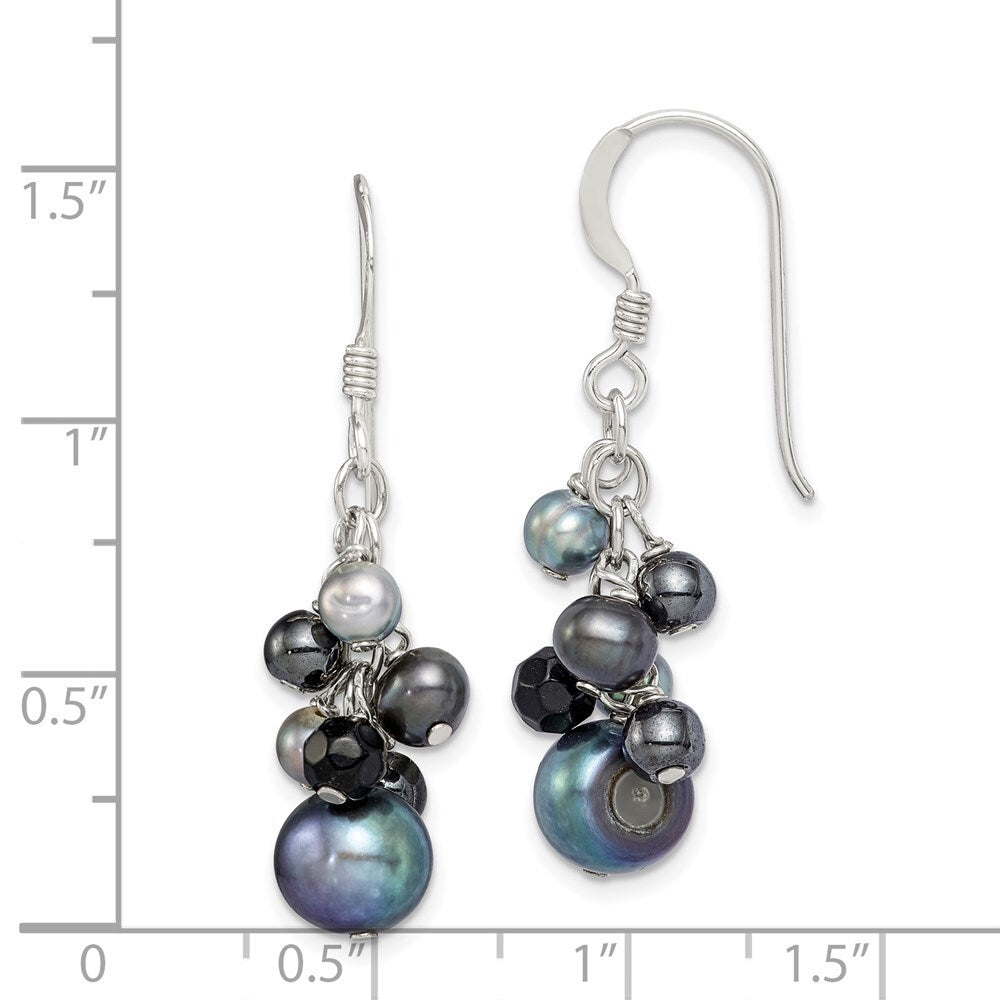 Sterling Silver Polished Black & Grey Cultured Pearls & Onyx Dangle Earrings
