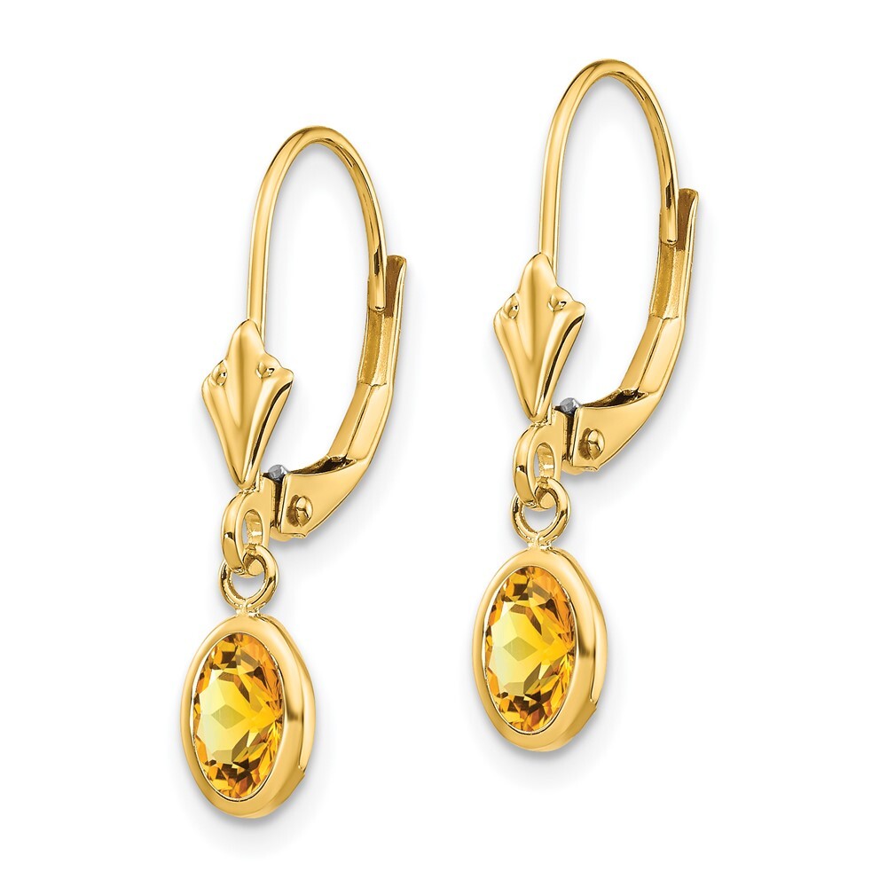 14k Yellow Gold 6x4 Oval Bezel November/Citrine Dangle Earrings Leverback