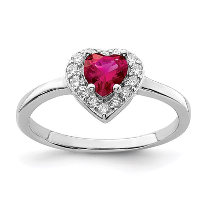 Sterling Silver Rhodium-plated Created Corundum & Cubic Zirconia Heart Ring SZ 6