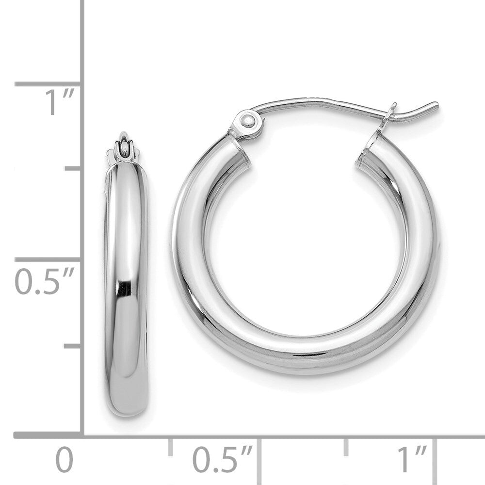 14K White Gold Polished 3mm Lightweight Tube Hoop Earrings Gift for Women