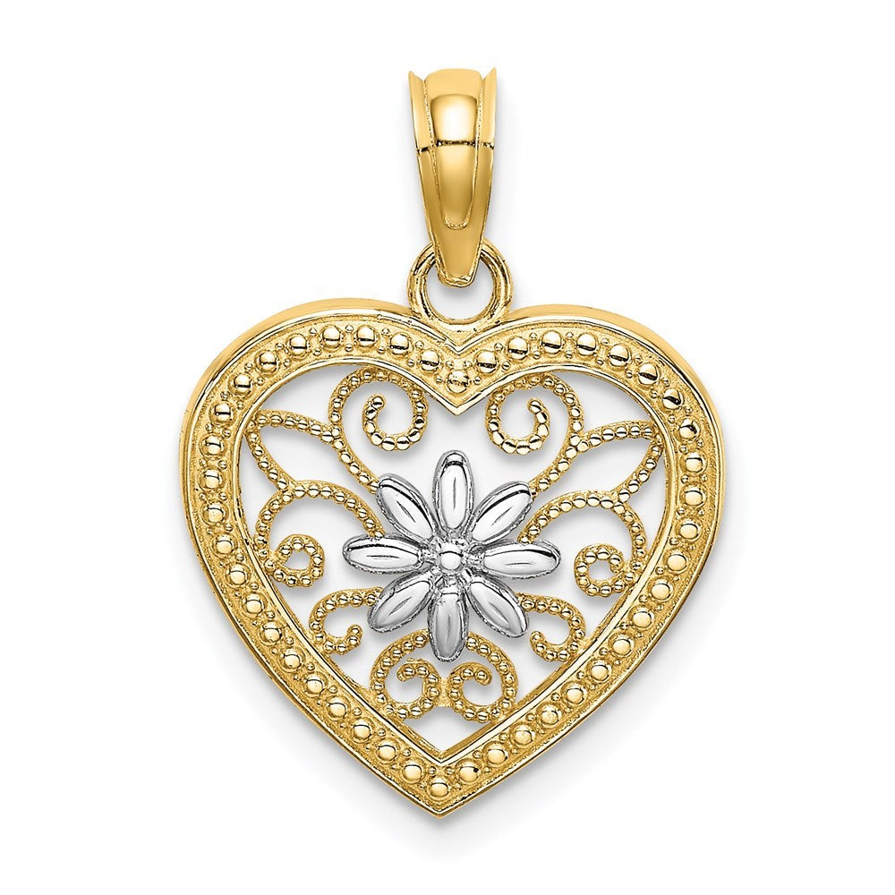 14k Yellow Gold and White Rhodium Textured Flower Filigree Heart Charm
