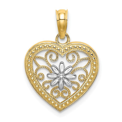 14k Yellow Gold and White Rhodium Textured Flower Filigree Heart Charm