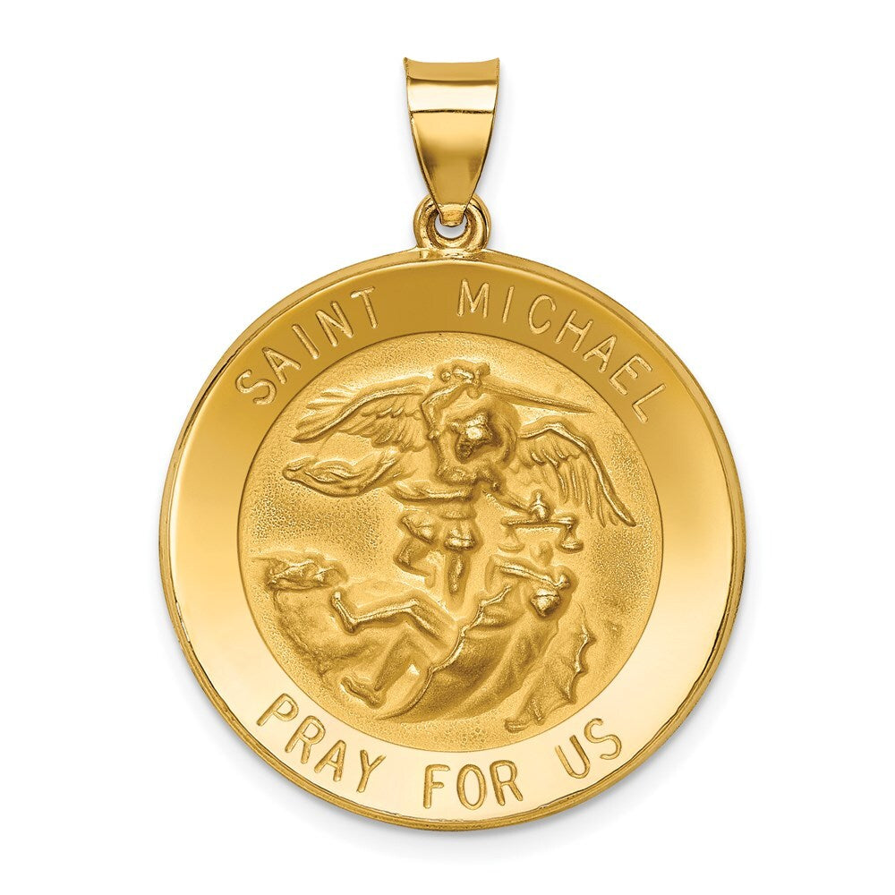 14k Yellow Gold Polished and Satin St Michael Medal Hollow Pendant for Women
