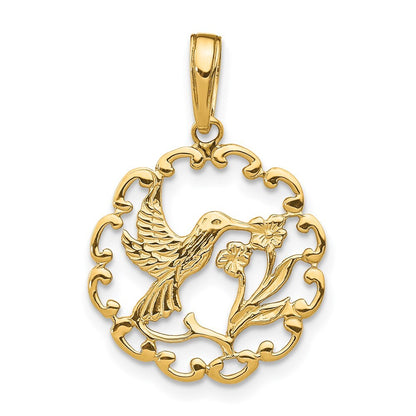 14k Yellow Gold Hummingbird Flower in Frame Pendant for Women