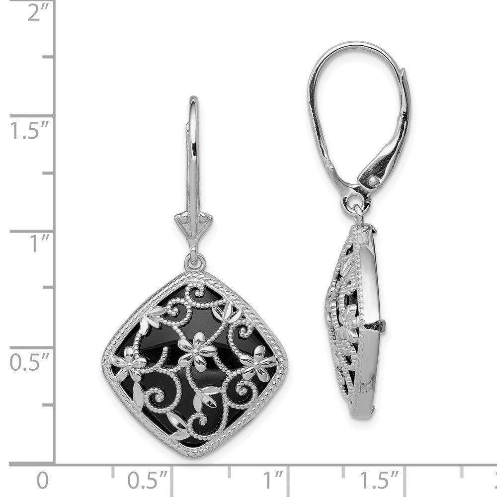 Sterling Silver Filigree Floral Diamond Cut Diamond Shape Onyx Dangle Earrings