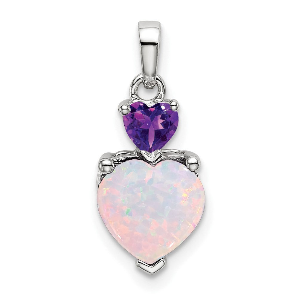 14k White Gold Heart Created Opal and Amethyst Pendant