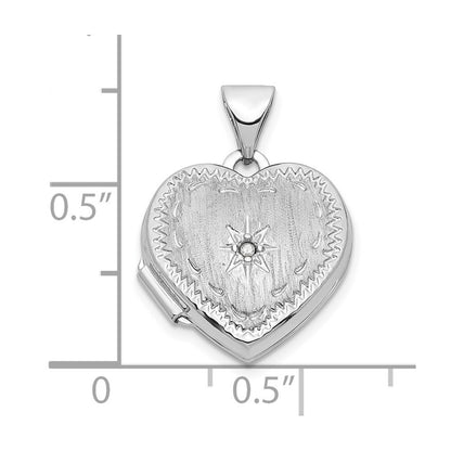 14k White Gold Brushed Diamond Star 15mm Heart Locket Pendant for Women