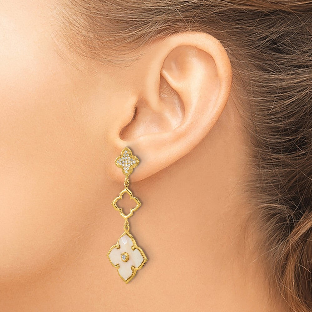 Sterling Silver Gold-tone Polished MOP & Cubic Zirconia Floral Dangle Earrings