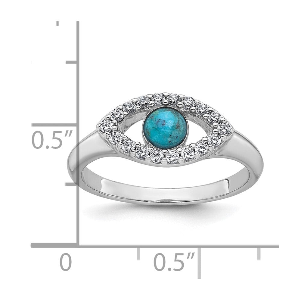 Sterling Silver Cubic Zirconia and Compressed Turquoise Evil Eye Ring Size 8