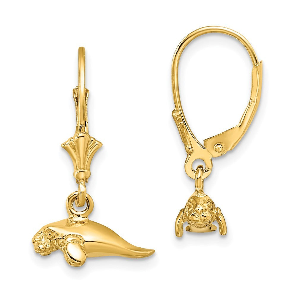 14k Yellow Gold 3-D Polished Mini Manatee Drop Dangle Earrings