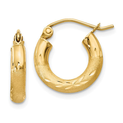14k Yellow Gold Satin and Diamond-cut 3mm Round Hoop Earrings