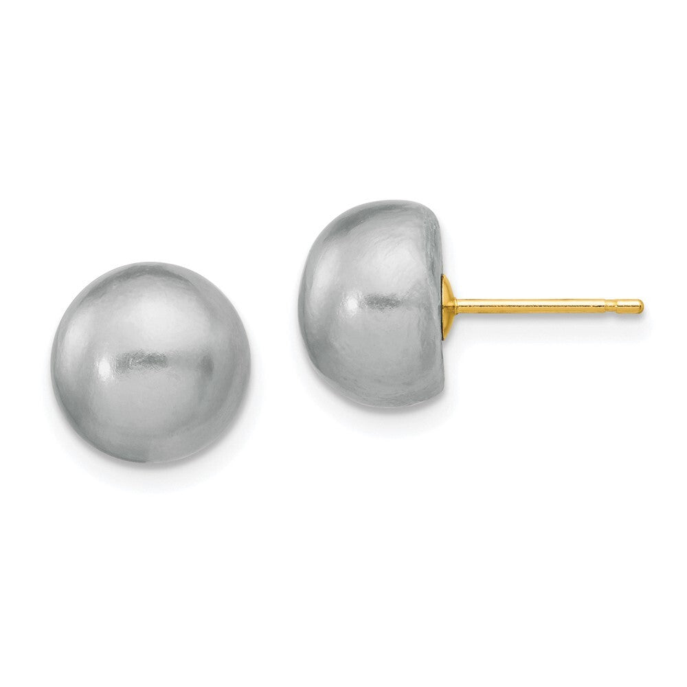 14k Yellow Gold 9-10mm Grey Button Freshwater Cultured Pearl Stud Earrings