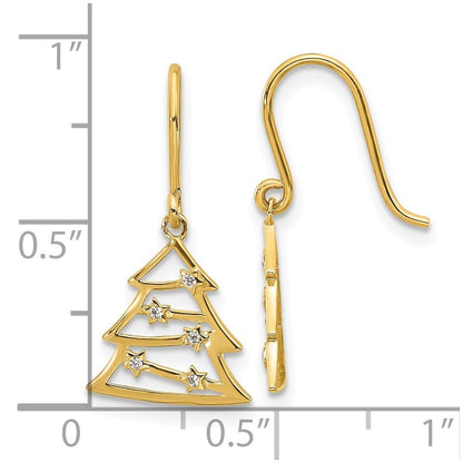 14k Yellow Gold Polished Cubic Zirconia Christmas Tree Dangle Earrings