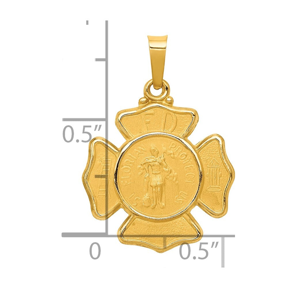 14k Yellow Gold Polished and Satin St Florian Badge Medal Hollow Pendant