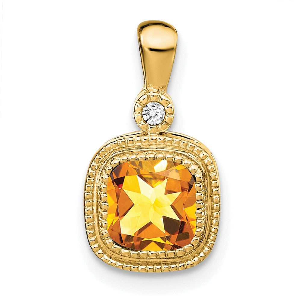 14k Yellow Gold 6mm Cushion Citrine and Diamond Pendant