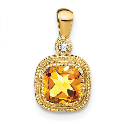 14k Yellow Gold 6mm Cushion Citrine and Diamond Pendant