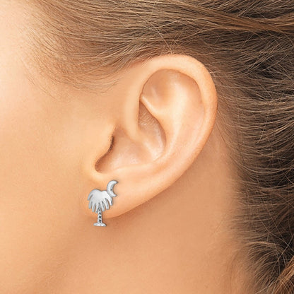 14K White Gold White Charleston Palm Tree Moon Stud Earrings Gift for Women