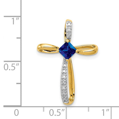 14k Yellow Gold w Rhodium Lab Created Sapphire and Diamond Cross Slide