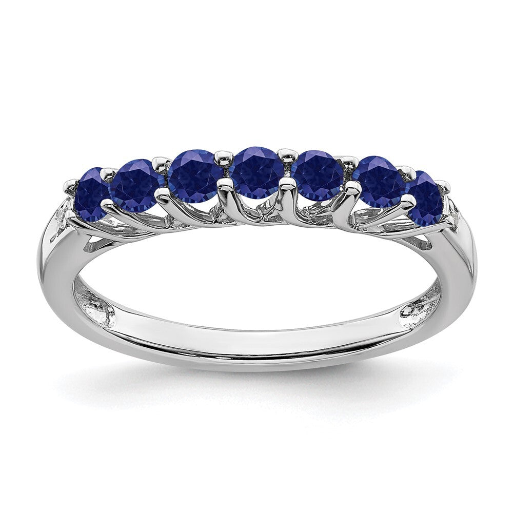 14k White Gold Created Sapphire and Diamond 7-stone Ring Size 7