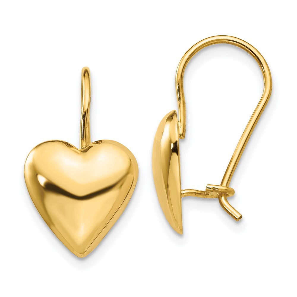 14k Yellow Gold Polished 11.5mm Puffed Heart Kidney Wire Earrings