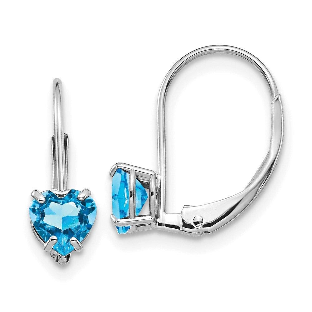14k White Gold 5mm Heart Blue Topaz Dangle Earrings Leverback Gift for Women