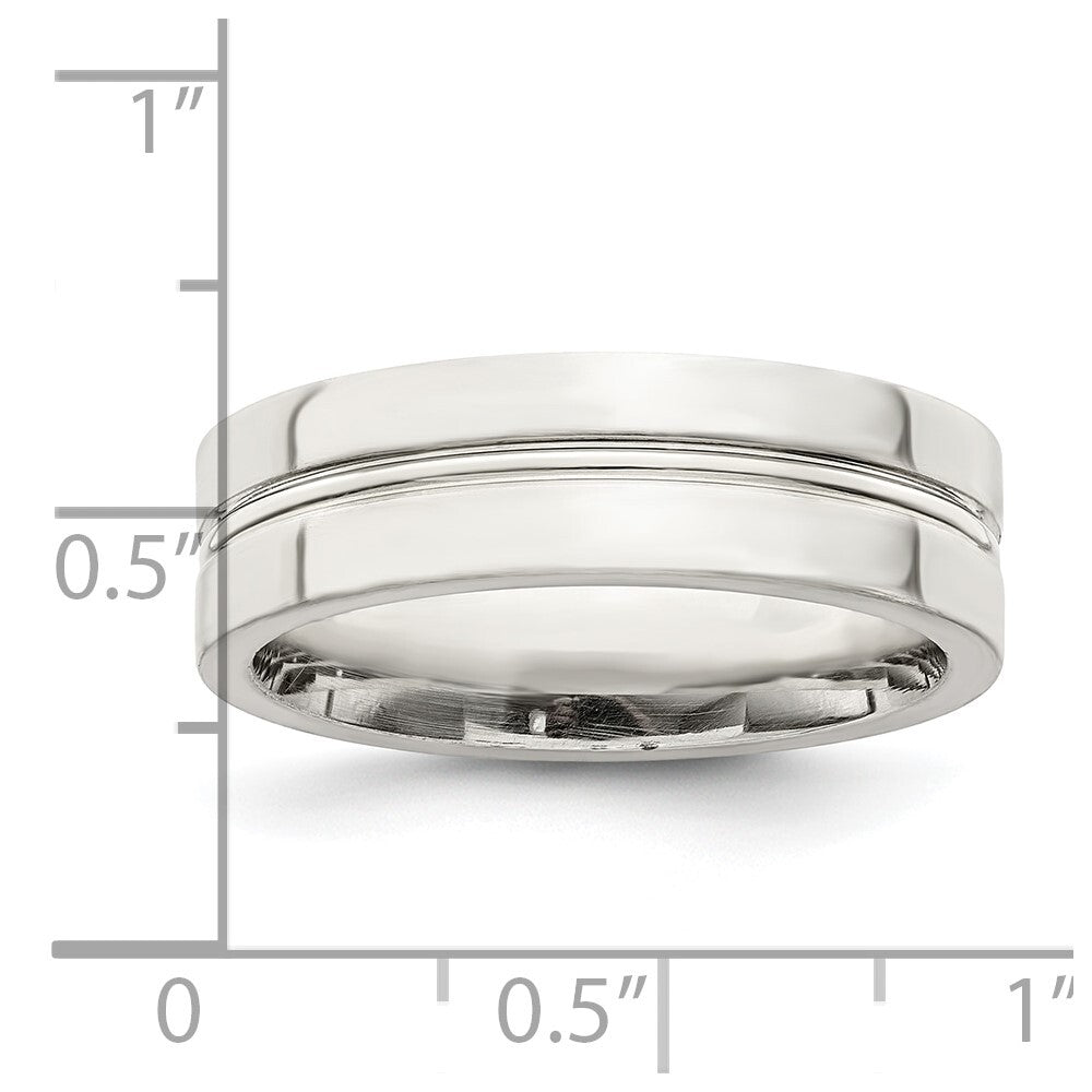 Sterling Silver 6mm Polished Flat Grooved Center Fancy Band Size 10