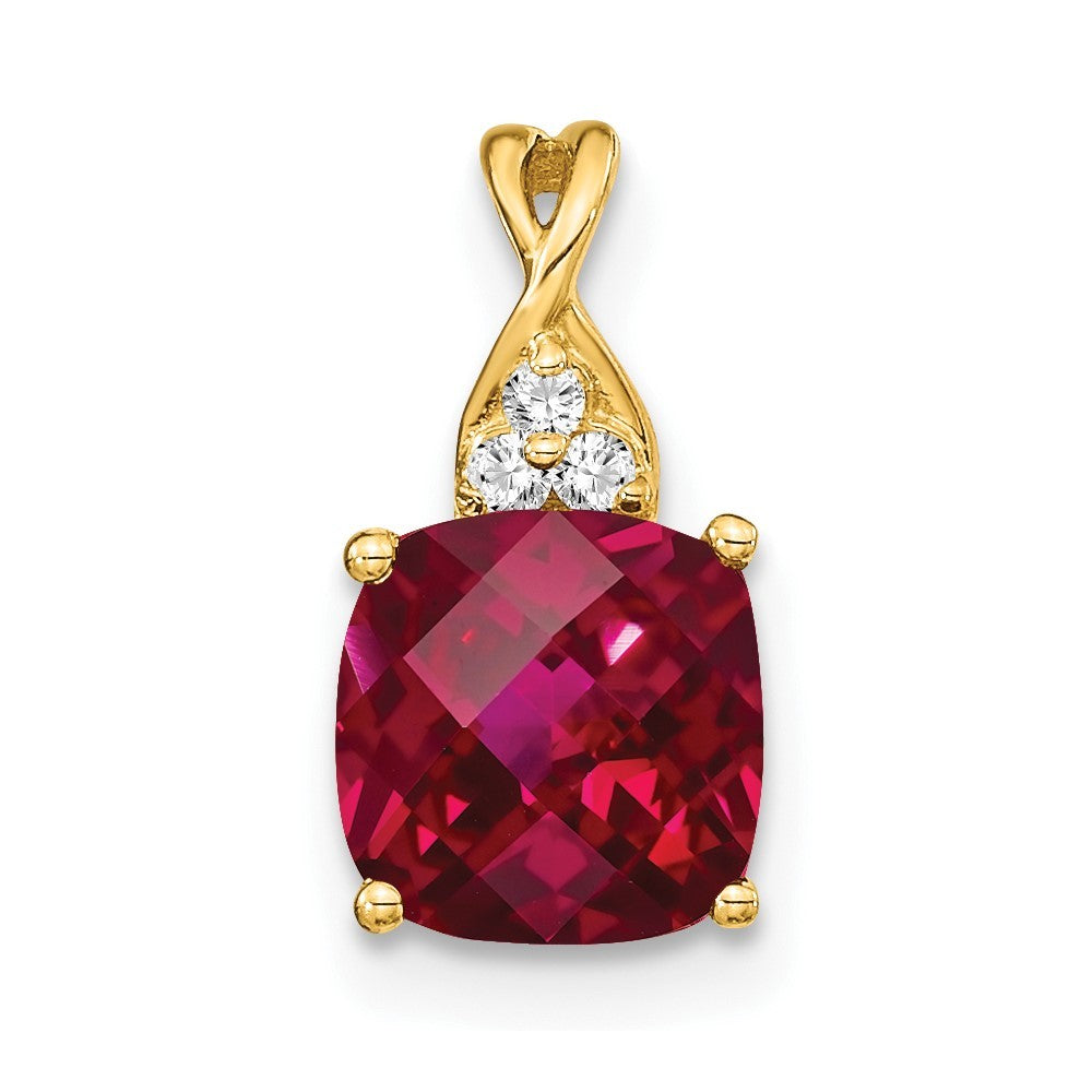 14k Yellow Gold Checkerboard Created Ruby and Diamond Pendant
